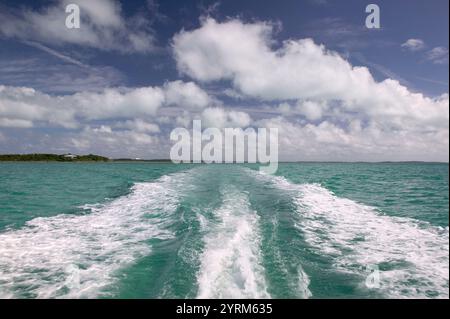 Bahamas, Abacos, Loyalist Cays, man O war Cay: Boat Wake, Sea of Abaco Stockfoto