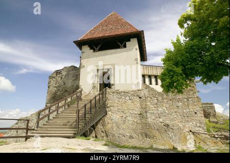 Zitadelle Visegrad (* 1259). Blick vom Nagy Villam Lookout, Morgen. Visegrad. Donaukurve. Ungarn. 2004. Stockfoto