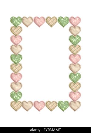Fertiges Postkartendesign. Weißer Hintergrund mit rechteckigem Rahmen aus grünen, rosa, beigefarbenen Stoffherzen. Handgezeichnete Aquarellillustration. Stockfoto