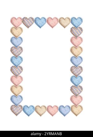 Weißer Hintergrund mit rechteckigem Rahmen aus blauen, rosa, beigefarbenen Stoffherzen. Fertige Postkarte. Handgezeichnete Aquarellillustration. Stockfoto