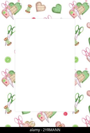 Fertiges Postkartendesign. Nähschere, Herzstoff Pinkhions, Fäden. Schneiderkarte. Handgezeichnete Aquarellillustration. Stockfoto