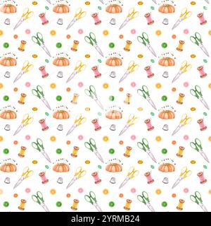 Nahtloses Muster mit Schere, Knöpfen, Garn, Kissen und Fingerhut. Clipart wird vernäht. Schneiderei. Maßgeschneidert. Handgezeichnete Aquarellillustration. Stockfoto