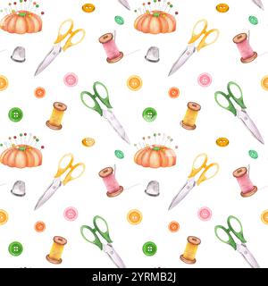 Nahtloses Muster mit Nähschere, Fingerhut, Knöpfen, Garn, Kissen. Clipart wird vernäht. Schneiderei. Handgezeichnete Aquarellillustration. Stockfoto