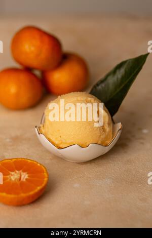 Eine Kugel Mandarineneis in einem Milchkännchen Stockfoto