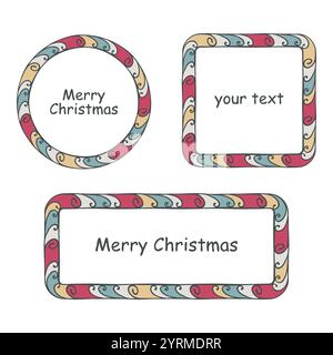 Fröhlicher Weihnachtsrahmen, Set mit Doodle-Borte. Handgezeichneter Pinselstrich, farbiges Bild. Kreiskranz, quadratische, rechteckige geometrische Formen Stock Vektor