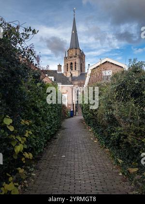 Ein schmaler Kopfsteinpflasterweg, der von dichten grünen Hecken gesäumt ist, führt zu einem charmanten Backsteingebäude mit einem hohen Kirchturm im Hintergrund. Der Turm h Stockfoto