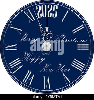 Frohe Weihnachten und Neujahr. Neujahrsuhr 2025. Countdown bis Mitternacht. Dunkelblauer Hintergrund. Vektorabbildung. Stock Vektor