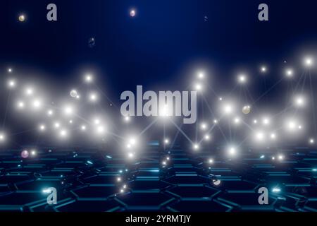 Abstrakter digitaler Hintergrund mit leuchtenden Lichtern und sechseckigen Mustern, die eine futuristische Atmosphäre hervorrufen. 3D-Rendering Stockfoto