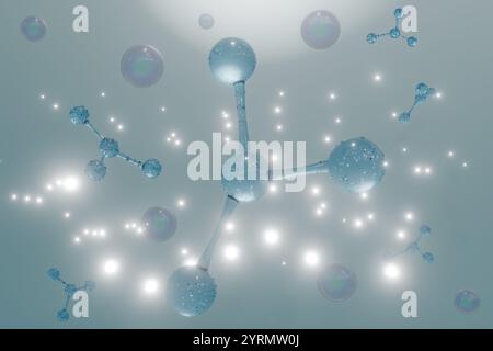 Abstrakte Darstellung von Molekülen und Atomen, Darstellung wissenschaftlicher Themen und Konzepte im Zusammenhang mit der Chemie. 3D-Rendering Stockfoto