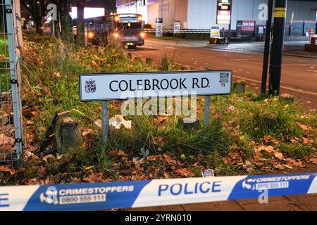 Warwick Road, Birmingham, 4. Dezember 2024. Ein Bus der Linie 4 wurde von der West Midlands Police in der Sparkhill Gegend von Birmingham abgesperrt, nachdem ein 17-jähriger Junge und ein 32-jähriger Mann an Bord erstochen wurden. Erste Hilfe war auch in der Bushaltestelle zu sehen. Die Cordon führt von der Colebrook Road zur meist befahrenen Warwick Road. WEST MIDS POLIZEIERKLÄRUNG: „Wir ermitteln, nachdem ein Mann und ein Teenager heute Nachmittag (4. Dezember) in einem Bus in Birmingham erstochen wurden. Wir wurden um 14:45 Uhr zur Colebrook Road in Sparkhill gerufen. „Es wurden Ein Mann im Alter von 32 Jahren und ein 17-jähriger Junge entführt Stockfoto