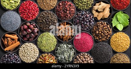 Gewürze und Kräuter Hintergrund. Große Auswahl an Gewürzen von oben. Farbenfrohe Gewürze für Etikettendrucke oder Aufstellungsdeckel Stockfoto
