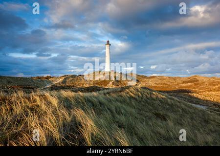 Dänemark, Jütland, Dänische Riviera, Hvide Sande, Leuchtturm Lyngvig Fyr, Dämmerung. Stockfoto