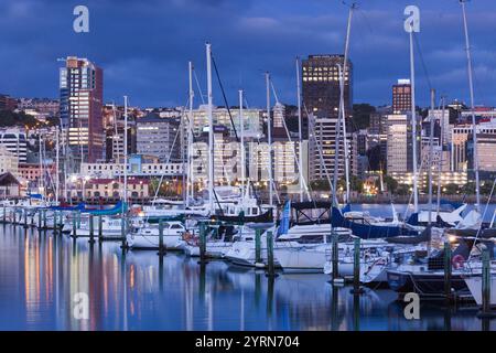 Neuseeland, Nordinsel, Wellington, Skyline vom Hafen, Sonnenaufgang. Stockfoto