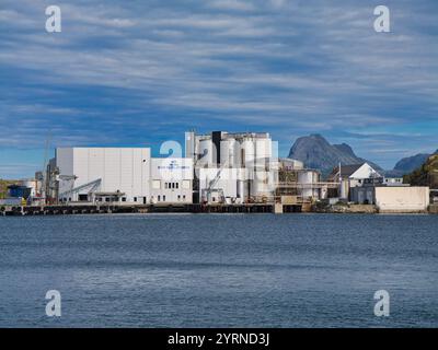 Bodo, Norwegen - 18. Juni 2024: Die Produktionsanlage von Pelagia Bodø Sildoljefabrikk in Bodo, Norwegen. In der Fabrik werden Fischmehl, Fischöl, flüssigfilet hergestellt Stockfoto