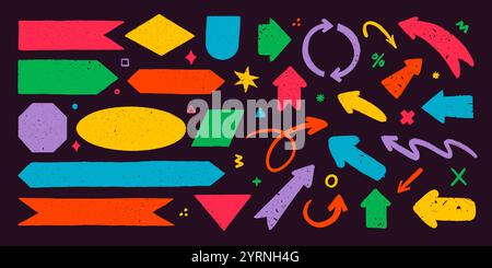 Banner und Pfeile im rauen rustikalen Stil. Handgezeichnete, strukturierte Vintage-Abzeichen, Banner, Fahnen und andere Designelemente, die perfekt für Präsentationen geeignet sind. Hand Stock Vektor