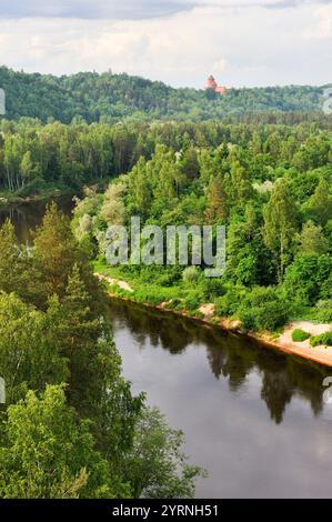 Fluss Gauja mit Schloss Turaida im Hintergrund, rund um Sigulda, Gauja Nationalpark, Vidzeme Region, Lettland, Baltikum, Nordeuropa Stockfoto