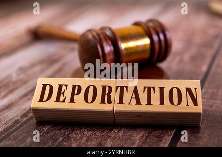 Auf einem Holztisch liegt ein Holzhahn, der das Gerichtsverfahren der Deportation symbolisiert. Zwei Holzblöcke mit dem Wort „DEPORTATION“ Stockfoto
