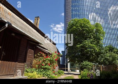 Alte Holzhäuser umgeben von modernen Bürotürmen im Stadtteil Snipiskes, Vilnius, Litauen, Europa Stockfoto