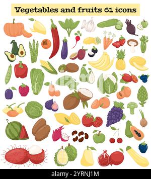 Ein Set mit 61 farbenfrohen Ikonen aus Obst und Gemüse. Vektorabbildung Stock Vektor