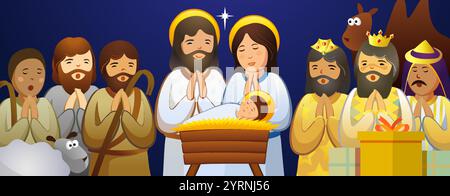 Weihnachtsgrußkarte im Cartoon-Stil. Krippe kreatives Clipart-Bild. Jesus in der Wiege, Maria und Josef, drei Könige und Hirten singen Stock Vektor