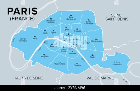 Arrondissements von Paris, Hauptstadt von Frankreich, Europa, politische Karte. Paris ist in 20 kommunale Arrondissements unterteilt. Sie drehen sich im Uhrzeigersinn nach außen. Stockfoto