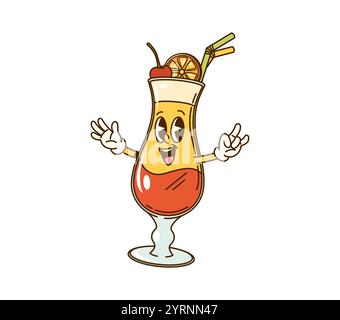 Grooviger Cocktailglas-Charakter. Isolierter Karikaturvektor nettes erfrischendes Getränkeglas mit Orangenscheibe, Kirsche und Stroh. Sommerpool oder Strandparty, Retro-Urlaubspersonal mit Hippie-Atmosphäre Stock Vektor