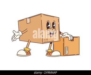 Eine groovige Cartoon-Figur aus Karton mit lächelndem Gesicht, ausdrucksstarken Augen und trendigen Hippie-Sneakers steht neben einer weiteren kleineren Box und zeigt lustige und verspielte Zustellung und Post Stock Vektor