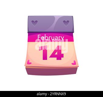 Kalenderseite zum Valentinstag mit Datum vom 14. Februar, hervorgehoben mit rosa Herzen zum Ausdruck der Liebe und zum Feiern romantischer Feiertage. Isolierte Zeichentrickvektor-Erinnerung für Valentinstag Stock Vektor