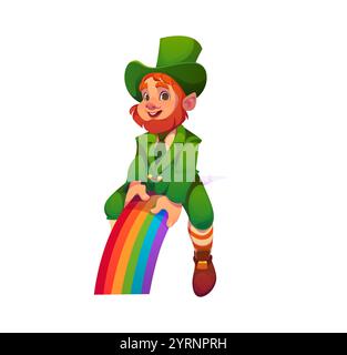 Irischer Leprechaun-Zeichentrickfigur reitet Regenbogen für St. Patrick Day Holiday, Vektorfigur. Saint Patrick Day oder Irland Holiday lustige fröhliche Zeichentrickfigur des Kobold-Mannes, der auf Regenbogen sitzt Stock Vektor