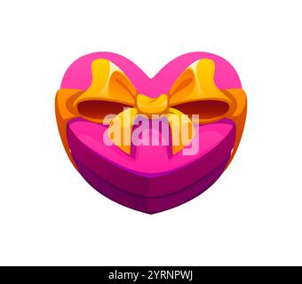 Herzförmige Geschenkbox zum Valentinstag mit goldenem Schleifensymbol für Liebe, Zuneigung und Weihnachtsfeier. Isolierte Karikaturvektor-rosa Geschenk-Pack mit markantem Goldband für romantische Anlässe verziert Stock Vektor