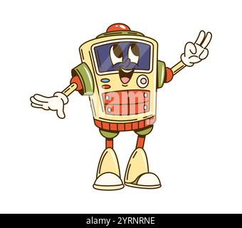 Cartoon groovige Roboterfigur mit futuristischem Aussehen, das Friedenszeichen mit der Hand zeigt. Verspielte Ai-Droiden-Persönlichkeit verströmt freundliche und nostalgische Sci fi Retro-futuristische Vibe der 80er Jahre Stock Vektor