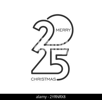 2025 Kalendernummer. Vektor-schlanker und minimalistischer linearer Schwarzweiß-eleganter Merry Christmas-Text, der in die 2025-Nummer integriert ist. Typografie für moderne Weihnachtsgrüße, saisonale Festkarten Stock Vektor