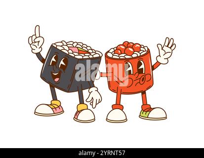 Cartoon groovige japanische Sushi-Rollen Fast-Food-Charaktere. Isolierte Vektorpaare niedlicher Hippie-asiatischer, japanischer Gastronomie mit fröhlichem Lächeln, die Spaß und kulinarische Abenteuer mit funky Retro-Vibe ausstrahlen Stock Vektor