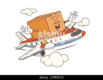 Groovige Lieferkartonfigur fliegt im Flugzeug. Cartoon Vektor lustige Paketpackung fliegen auf zivilem Flugzeug. Luftpost- oder Expressversand-Retro-Mitarbeiter, die Fracht auf dem Luftweg liefern Stock Vektor