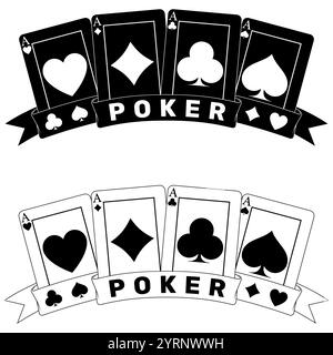 Pokerkarten, umgeben von einem Band, Pokersymbole von Herz, Diamant, Verein und Ass Stock Vektor