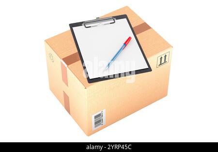 Paket und Klemmbrett mit leerem A4-Papiermodell und Stift. 3D-Rendering isoliert auf weißem Hintergrund Stockfoto