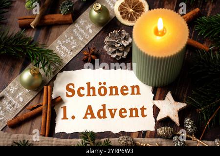 4. Dezember 2024: Frohe 1. Advent, Adventsgrüße neben einer brennenden Adventskerze zum ersten Advent. FOTOMONTAGE *** schön 1 Advent, Adventsgrüße neben einer brennenden Adventskerze zum ersten Advent. FOTOMONTAGE Stockfoto