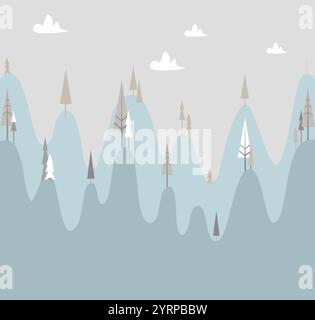 Stilisierte Berge in sanften Pastelltönen mit Bäumen, Wolken und einer ruhigen Kulisse schaffen eine beruhigende, minimalistische Landschaft. Stockfoto