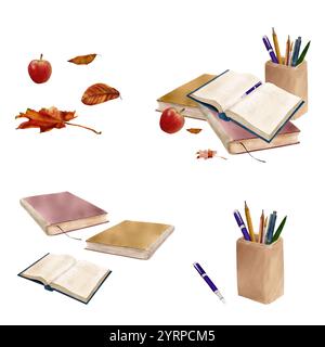 Stapel Bücher und offenes Buch, Herbstblätter und Apfel in der Nähe. Büroglas mit Bleistiften und Stiften in der Nähe. Digitale Illustration mit Aquarell. Alt b Stockfoto