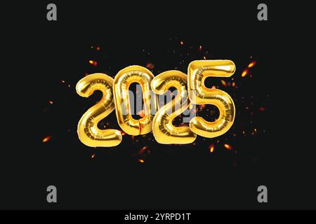 Goldene Ballons 2025 Neujahr mit Funken auf schwarzem Hintergrund. Luxury Happy New Year 2025 Karte. Stockfoto