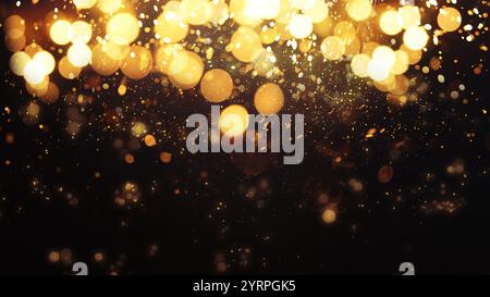 Leuchtende goldene Bokeh-Lichter, die vor dunklem Hintergrund verstreut sind. golden Dust Light-Paket Bokeh-Licht-Lichter Effekt Hintergrund. Weihnachtlicher glühender Staub b Stockfoto