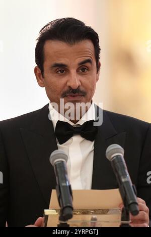 Der Emir von Katar Scheich Tamim bin Hamad Al Thani sprach bei einem Abendessen im Mansion House in der City of London während seines Staatsbesuchs in Großbritannien. Bilddatum: Mittwoch, 4. Dezember 2024. Stockfoto