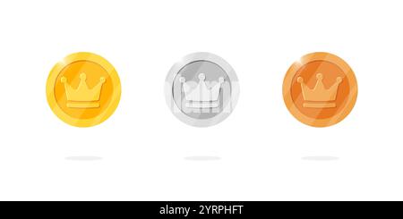 Spielmarken-Set inspiriert von altem Geld-Design. Gold-, Silber- und Bronzemedaillen mit Kronensymbolen. Perfekt für Videospiel-Schnittstellen oder App-Animationen, die Casino-Gewinn- und Schatzbelohnungen darstellen Stock Vektor