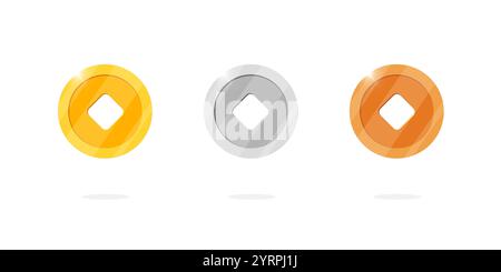 Alte chinesische Goldmünzen mit quadratischen Löchern, die Glück und Glück symbolisieren. Asiatisch inspiriertes Set mit Gold-, Silber- und Bronzevariationen. Lunar Silvester Cartoon Ikonen. Schatzthema oder Spielanimation Stock Vektor