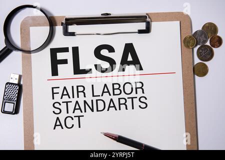 Papier mit FLSA Fair Labor Standards Act auf einem Tisch. Stockfoto