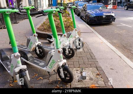 Dieses Foto zeigt eine Gruppe von Lime E-Scootern, die auf einem gepflasterten Gehweg in Charlotte, North Carolina, abgestellt sind. Die Scooter mit ihren charakteristischen grünen Griffen und weißen Rahmen symbolisieren umweltfreundliche und flexible Mobilität für die Stadtbewohner. Im Hintergrund sind eine Straße und Fahrzeuge sichtbar, die städtische Umgebung ergänzen. Die Szene deutet auf den wachsenden Trend der Mikromobilität hin, der schnell und nachhaltige Fortbewegung in urbanen Zentren möglich. *** Dieses Foto zeigt eine Gruppe von Lime E Rollern, die auf einem gepflasterten Bürgersteig in Char geparkt sind Stockfoto