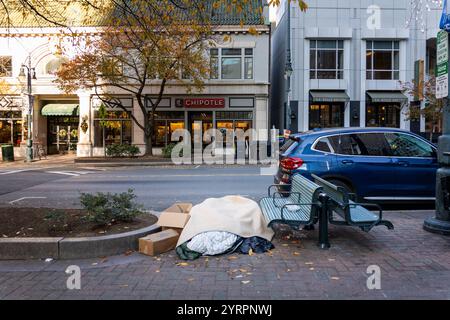 Eine Straßenszene in Charlotte, North Carolina, zeigt einen Obdachlosen, der unter Decken und Karton neben einer Bank schläft. Im Hintergrund befindet sich eine belebte Geschäftsstraße mit Restaurants wie Chipotle und La Belle Helene. Die Szene stellt einen Kontrast zwischen urbanem Wohlstand und sozialer Realität dar und regt zum Nachdenken über gesellschaftliche Herausforderungen an. *** Eine Straßenszene in Charlotte, North Carolina, zeigt einen Obdachlosen, der unter Decken und Kartons schläft, neben einer Bank im Hintergrund ist eine geschäftige Einkaufsstraße mit Restaurants wie Chipotle an Stockfoto