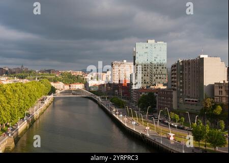 Der Nervion River ist mit den beiden Isozaki Atea-Doppeltürmen verbunden, die vom japanischen Architekten Arata Isozaki in Bilbao, Provinz Biskaya, Ba, entworfen wurden Stockfoto