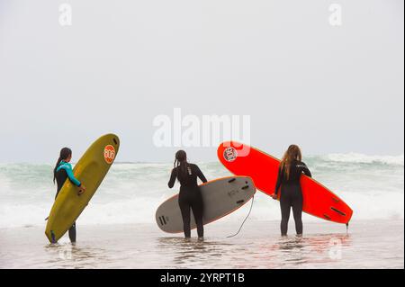 Surfkurs am Strand Zurriola, Bezirk Gros, San Sebastian, Bucht von Biskaya, Provinz Gipuzkoa, Baskenland, Spanien, Europa Stockfoto