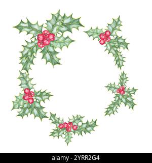 Eine asymmetrische Aquarellabbildung mit grünen Blättern und roten Winterbeeren. Ilex-Clipart mit rundem Rahmen für Weihnachten. Für Design, Scrapbooking oder festliche Stoffmuster Stockfoto